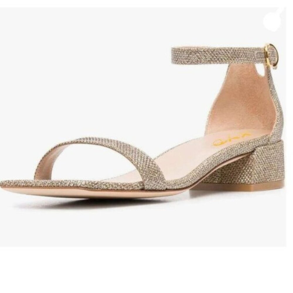 XYD Tan Glitter Open Toe Ankle Strap Buckled Low Block Heel Wedding Sandals